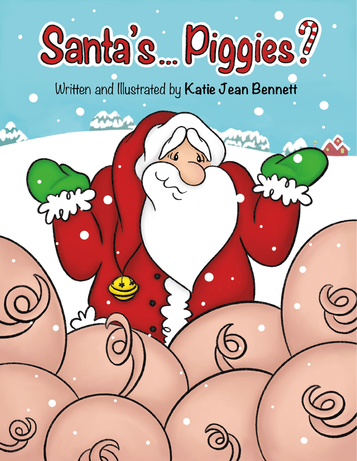 Santa’s… Piggies? by Katie Jean Bennett. Santa is surrounded by curly pig tails.
