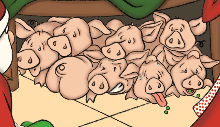 Piggies peeking out from beneath the dinner table