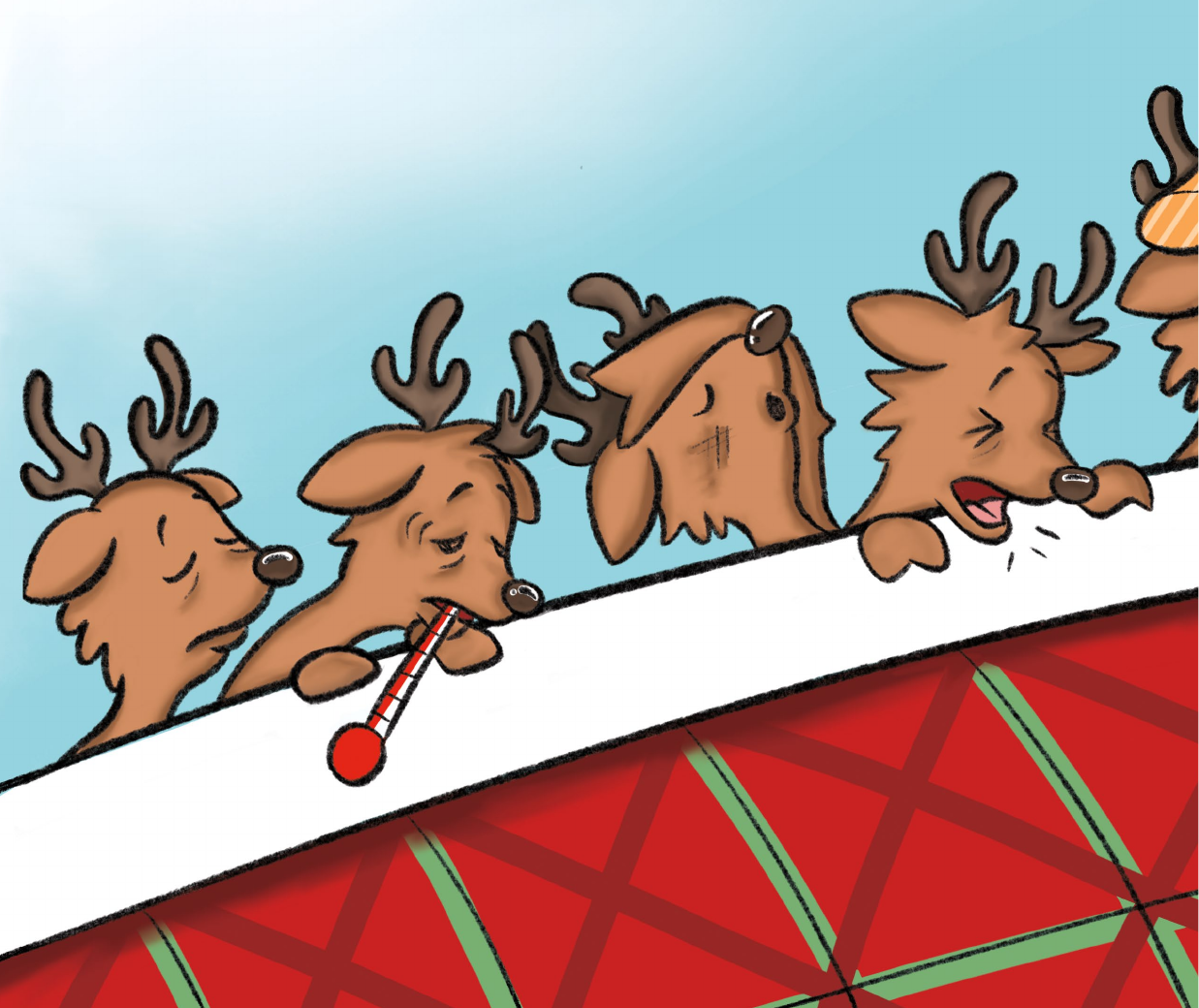 A very poorly team of reindeer, all tucked into bed
